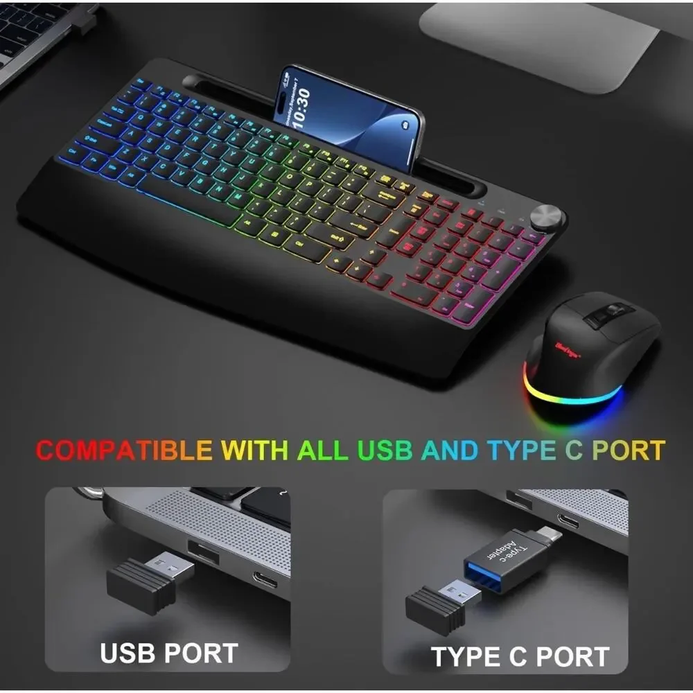 Bluefinger RGB Wireless Keyboard Mouse Combo Rechargeable Ergonomic NEW Open Box